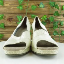 TOMS Women Peep Toe Heel Shoes  Beige Fabric Size 8.5 Medium (B, M) - £13.15 GBP