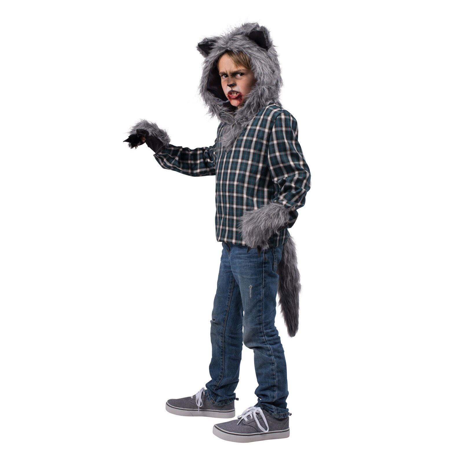 Child Big Bad Wolf Werewolf Halloween Costume Kit Furry Hood Gloves Tail Gray