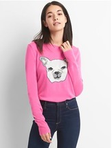 GAP Women Sweet Pink Frenchie Dog Graphic Long Sleeve Crew Neck Sweater XS - £23.73 GBP