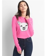 GAP Women Sweet Pink Frenchie Dog Graphic Long Sleeve Crew Neck Sweater XS - £23.52 GBP
