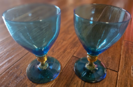 Handblown Blue Glasses Wine Goblets w/Gold Stems Vintage Set of 2 - £19.73 GBP