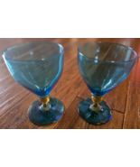 Handblown Blue Glasses Wine Goblets w/Gold Stems Vintage Set of 2 - $24.74