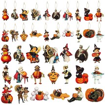 41Pcs Vintage Halloween Thanksgiving Fall Wooden Hanging Ornament Decorations, H - £19.76 GBP