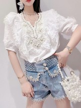 Ladies 2022 Summer New Korean Style Sweet Beads Vintage Shirt Women Fashion Fair - £116.17 GBP