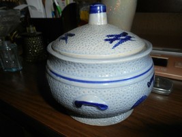Salt Glazed Stoneware STUDIO POTTERY Soup Tureen Blue Gray Cobalt Blue C... - $29.14