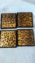 Vntg. Cheetah Print Glass Drink Coasters Velvet Bottoms  4&quot;x4&quot;  Set of 4 MCM - £13.19 GBP