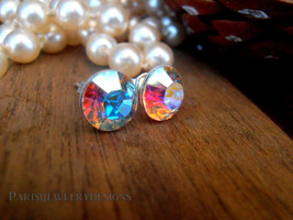 Dainty Aurora Borealis Earrings W/ Swarovski  Crystals SS39 8MM / Silver Pierced - $17.00