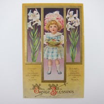 Easter Postcard Girl in Hat Easter Eggs Basket Lily Flower Gold Embossed... - $14.99