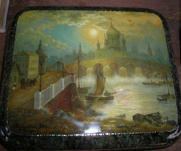 Handpainted One Of A Kind Fedoskino Russian Lacquer Box &quot; Old Moscow Riverbank&quot; - £593.52 GBP