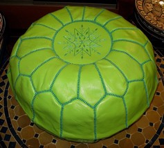 Green leather Moroccan pouf- Moroccan Ottoman Green olive - Green Morocc... - £93.41 GBP