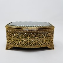 Vintage Brass Filigree Jewelry Casket Box Oval Beveled Glass Top Designed byMele - £47.44 GBP