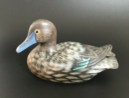 Vintage Hand Carved &amp; Hand Painted Brown Teal Duck Wood Sculpture - Decoy - £39.11 GBP