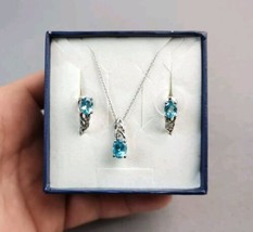 Sterling Silver Blue Topaz Jewelry Matching Pendant Necklace Half Hoop E... - $31.68
