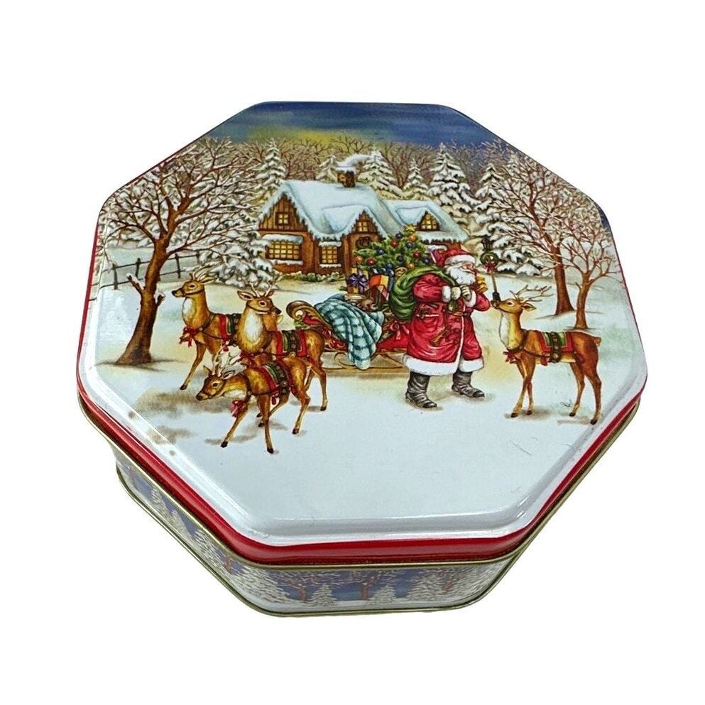 Christmas Octagon Cookie Candy Metal Tin Crafts Sewing Container Gift Bo... - $6.80