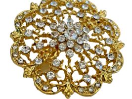 Brooch Costume Jewelry Gold with Rhinestones Unsigned Pin 2&quot; - £18.41 GBP