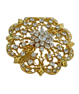 Brooch Costume Jewelry Gold with Rhinestones Unsigned Pin 2&quot; - £18.62 GBP