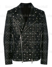 New Mens Full Black Silver Studded Quilted Zippered Cowhide Leather Coat-44 - £193.38 GBP