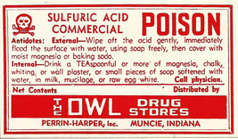 1 Vintage Pharmacy Label SULFURIC ACID POISON The Owl Drug Stores Muncie... - £31.26 GBP