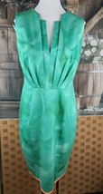 Elie Tahari Sheath Dress Size 12 Green V Neck Pleaded Midi Cotton Zip - $26.73