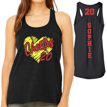Custom Glitter Softball Heart Women&#39;s Flowy Bella + Canvas Racerback Tan... - $27.95+