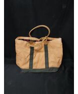 LL Bean Canvas Khaki Green Leather Handles Boat Tote Plaid Flannel Lined... - $69.70 CAD