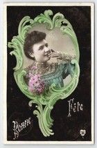 RPPC Pretty Lady French Beauty Bonne Fete Art Nouveau Postcard B37 - £7.95 GBP