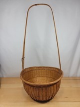 Vintage Large Basket Long Handled Wicker Rattan Bamboo Hanging 25” Tall  - £39.73 GBP