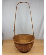 Vintage Large Basket Long Handled Wicker Rattan Bamboo Hanging 25” Tall  - $49.99