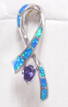 Sterling Silver Blue Fire Opal Ribbon Purple Amethyst Pendant Hope Awareness 2&quot; - £63.64 GBP