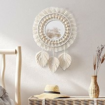 Hanging Wall Mirror-Boho Macrame Fringe Round Decorative Mirror with Wood Beads  - £27.15 GBP