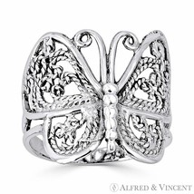 Butterfly Animal Charm Milgrain Wide Thick Ring in Oxidized .925 Sterling Silver - £18.85 GBP