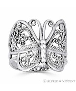 Butterfly Animal Charm Milgrain Wide Thick Ring in Oxidized .925 Sterlin... - $35.74 CAD