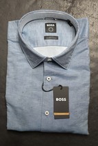 HUGO BOSS Hombre Hank Soft Ajustado Med Algodón Azul / Lino Camisa 42 16.5 - £47.67 GBP