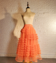 Orange Tiered Tulle Skirt Outfit Women Custom Plus Size Midi Tulle Skirt