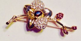 Vintage Gold Flower Pin Brooch Amber Clear Rhinestones - £9.29 GBP