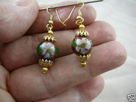 (EE600-381) 12 mm Brown pink flower CLOISONNE bead dangle EARRINGS Jewel... - $17.75