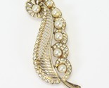 Leaf Shaped Vintage Brooch Gold Tone Faux Pearls and Sparkling Rhinestones - $15.67