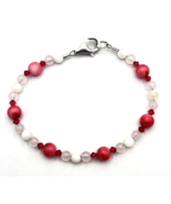 Sterling Silver 925 Beaded Pink Quartz and Glass Bracelet 6.5 in - $19.80