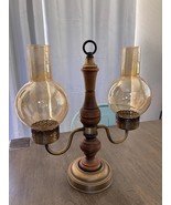 Brass wood hurricane double arm candle lamp, iridescent amber shade - $1,478.85 MXN