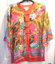 Diane Gilman Size Small 100% Silk Red Floral Jacket Shirt Kimono Style - £23.97 GBP