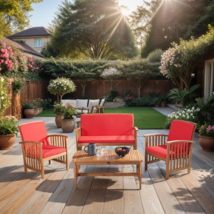 Outdoor Patio Furniture Cushioned Garden Lawn 4Pc Acacia Wood Conversation Set - £335.72 GBP