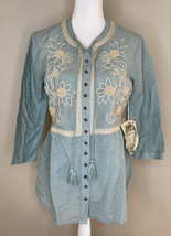 NWT Aratta Silent Journey Long Sleeve Button Up Embroidered Tunic Sz S Blue H7 - £35.71 GBP