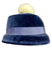 Vintage  Blue Velvet Ladies Hat Decorated With Pom Pom And Ribbon - $34.64