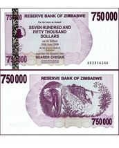 2007 ZIMBABWE 750,000 DOLLARS UNC AE,BEARER-CHECK,AFRICAN ELEPHANT,VICTO... - $5.92 CAD