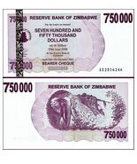 2007 ZIMBABWE 750,000 DOLLARS UNC AE,BEARER-CHECK,AFRICAN ELEPHANT,VICTO... - $5.92 CAD