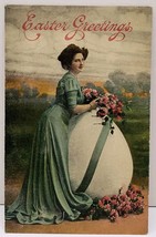 Easter Greeting Victorian Lady with Exaggerated Egg Colored Photo Postcard D8 - £5.84 GBP