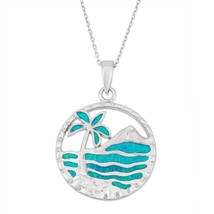 Sterling Silver Blue Inlay Opal Palm Tree and Ocean Pendant - £70.36 GBP