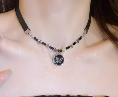 Butterfly round pendant necklace Women&#39;s high design sense cross tempera... - $19.80