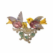 Vtg Brooch Pin Rhinestones Colorful Birds Costume Jewelry 1950s Hand Painted USA - £41.72 GBP