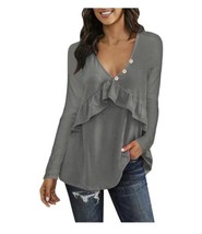 Women’s Casual Long Sleeve Ruffle Trim Flowy V-Neck Loose Fit Tunic Grey Large  - £10.38 GBP